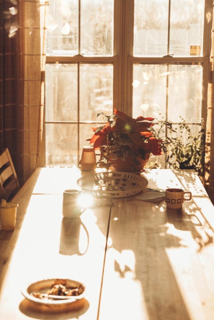A dining room table with a potted plant on top of it